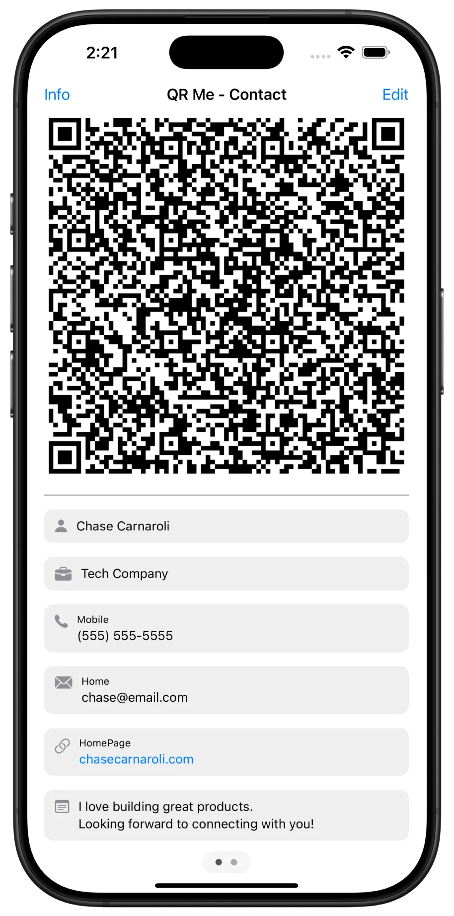 Screenshot of QR Me Contact's homepage displaying a QR Code and a user's contact information